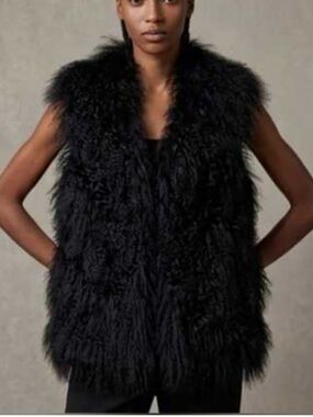 LIndzon Black Genuine Fur Long Shaggy Mongolian Lamb Vest Statement Luxury Layer